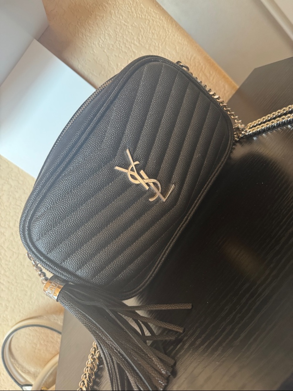 Saint Laurent Black Quilted Leather Crossbody Camera Bag with Tassel